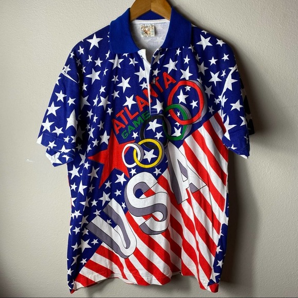 Vintage Olympics Shirt Mens Size Large USA Polo All Over Print America AOP - Picture 4 of 16